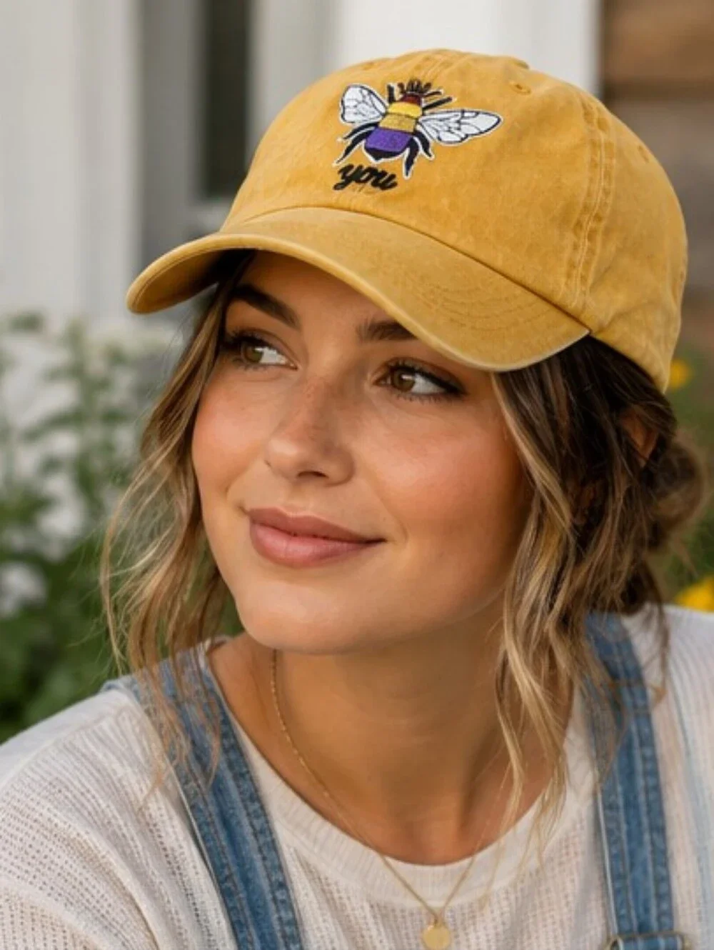 Bee Embroidered Cotton Baseball Cap Mustard Yellow Adjustable Hat